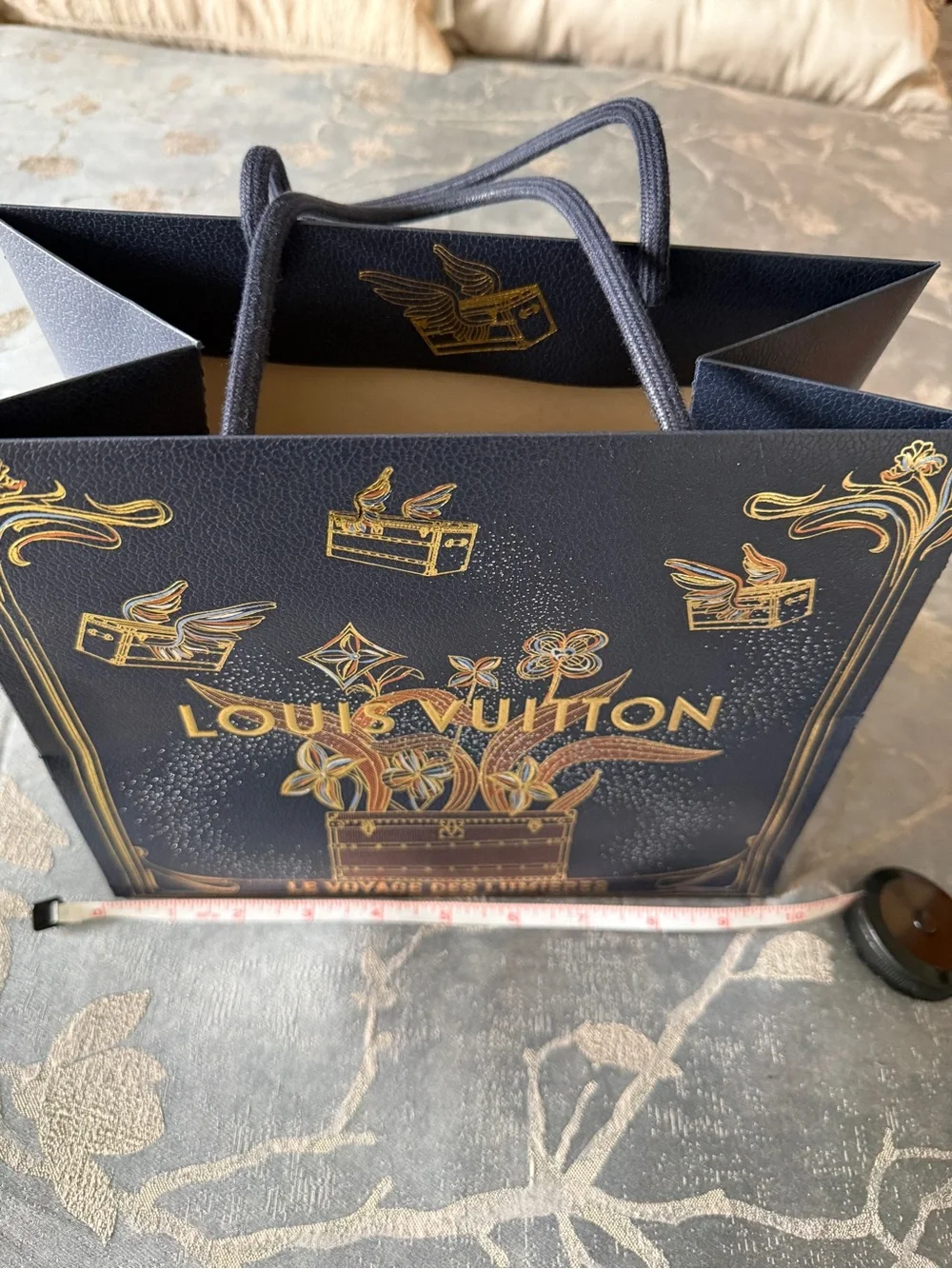 Authentic Louis Vuitton Navy & Gold Decorative Gift Bag with Rope Handles.
